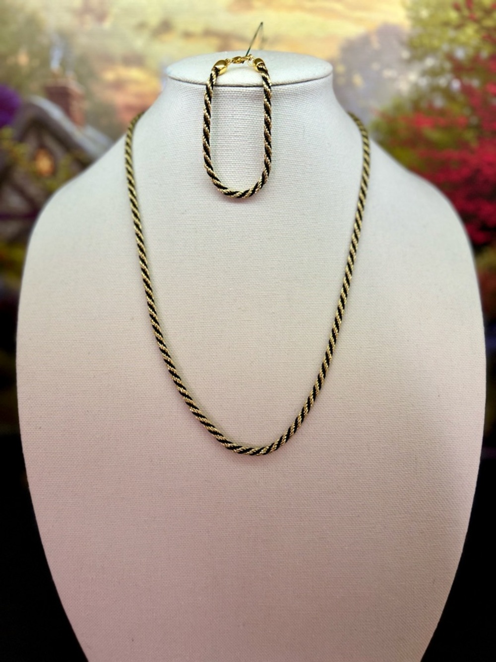 Vintage Trifari Gold & Black Satin Rope Necklace & Bracelet Set 1970 era